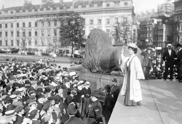 Emmeline Pankhurst addressing crowds at Trafalgar Square; 1908