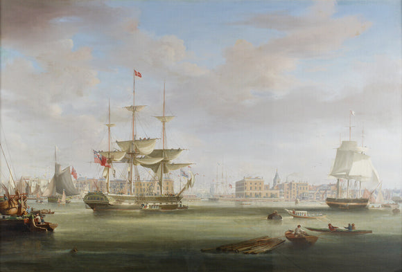 Oil on canvas painting entitled 'Thomas King Entering London Dock 1822-27, by William John Huggins (1781-1845).