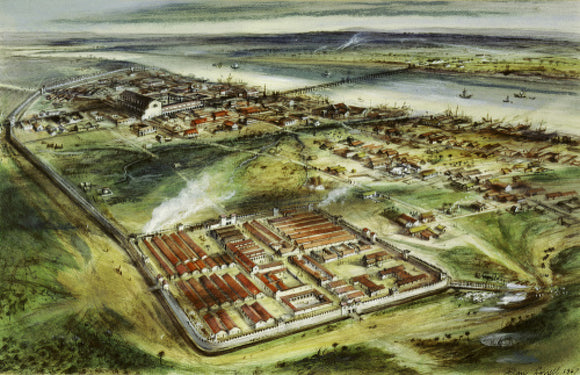 Reconstruction drawing of Londinium looking east