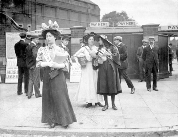 Suffragettes selling Votes for Women at Oval Cricket Ground entrance:1908
