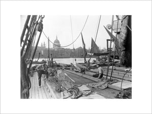 Sailing barge at Greenmoor Wharf, Bankside: 20th century