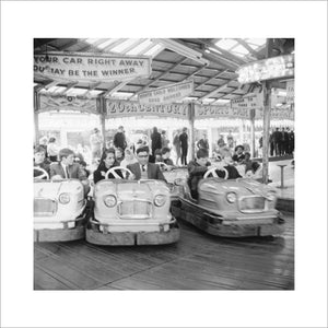 Couples on the dodgems ride, Battersea Park fun fair: 1966