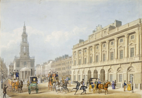Exterior view of Somerset House and Church of St Mary le Strand: 1818