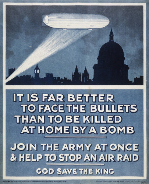 Poster with a Zeppelin over London skyline: 20th century
