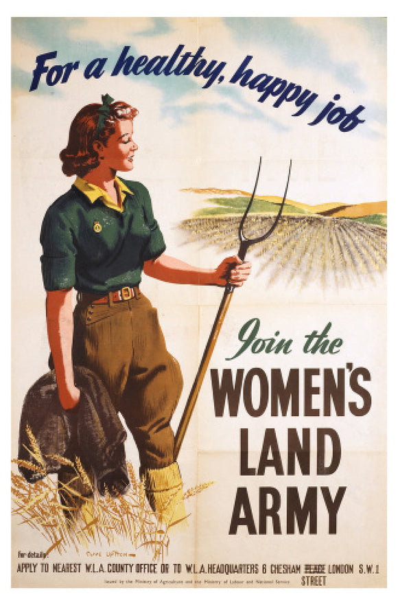 Poster of a women in land army uniform carrying a hoe; c 1939