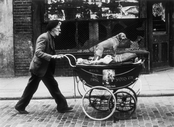 Man pushing a pram containing his wares and a standing dog: 1961